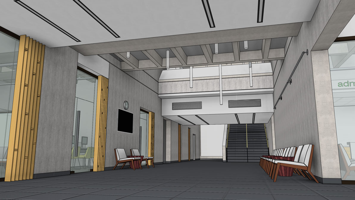 The first floor lobby outside the relocated Admissions office and ACT Center.  