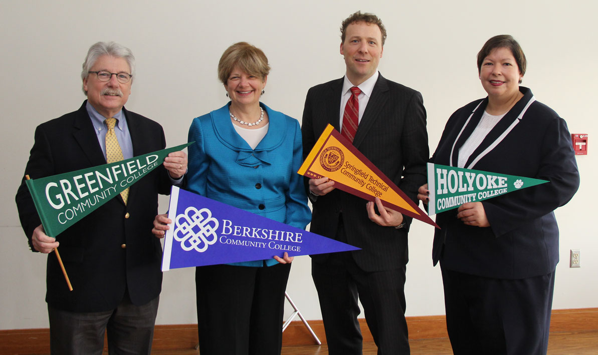 HCC president Christina Royal, right, is joined by GCC president Bob Pura, left, BCC president Ellen Kennedy and STCC president John Cook, during a recent visit to HCC. 