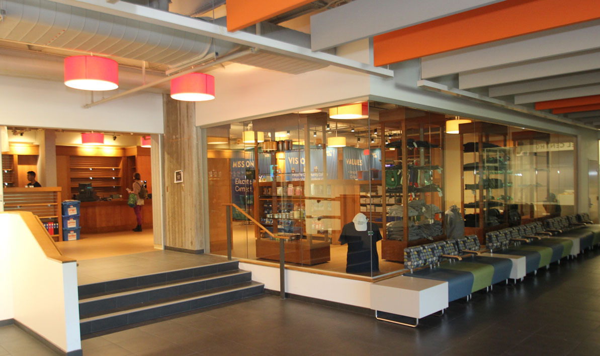 New College Store and student lounge area on the second floor of the renovated Campus Center. 