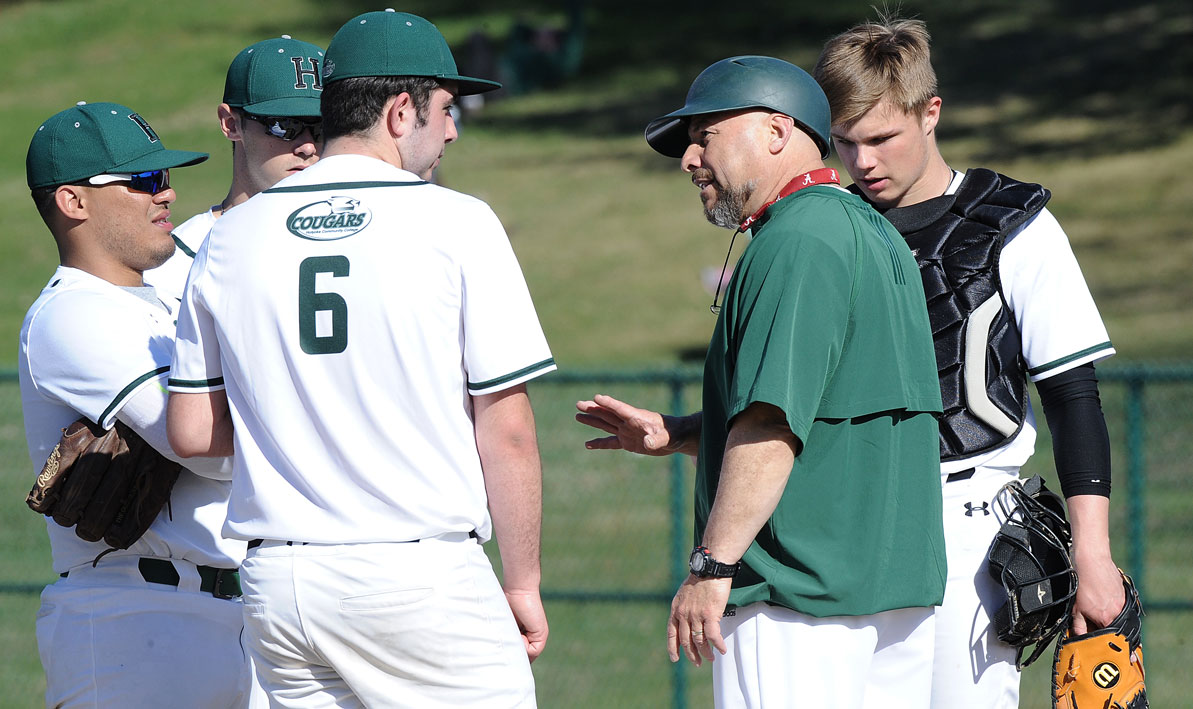 Coach D visits the mound during a recent game. 