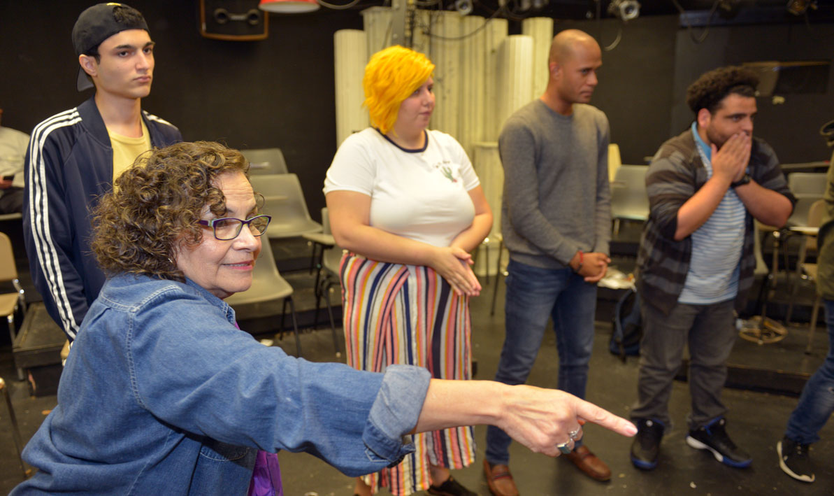HCC theater professor Patricia Sandoval directs an acting exercise during a Latinx Studies course called “Teatro Nuestro” (“Our Theater”) last fall. The HCC Learning Communities course combines "Introduction to Theater" and "Introduction to Latinx Studies.” 