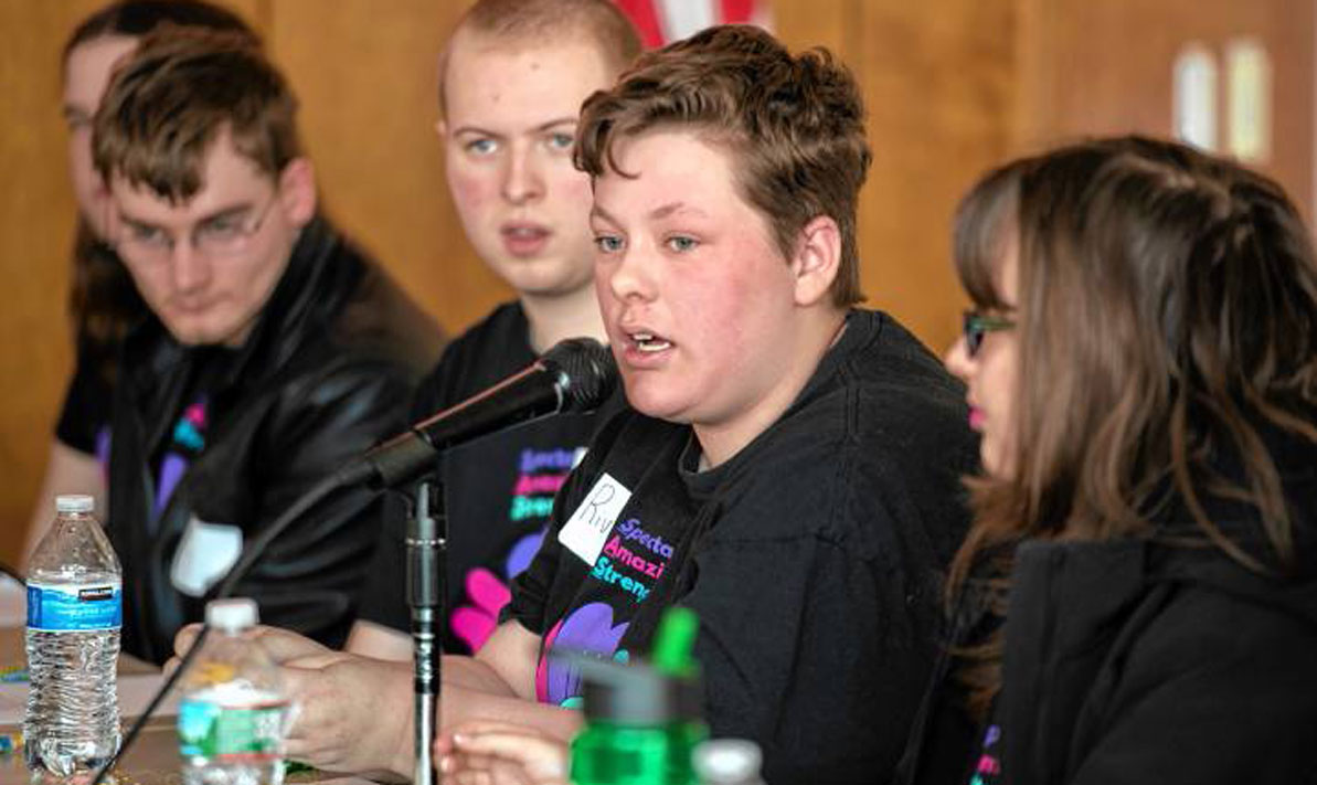 Riv Rege talks on a panel of students from HCC's Students on the Autism Spectrum Club for an open house April 4. 