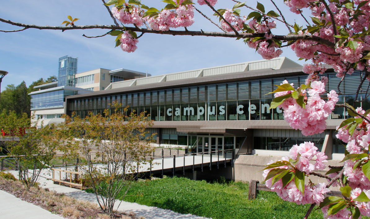HCC Campus Center with spring flowers