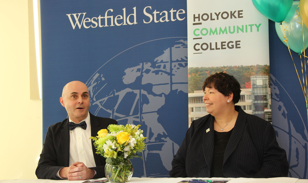 Westfield State University president Ramon S. Torrecilha and HCC president Christina Royal get ready to sign a transfer agreement in this January 2019 file photo.