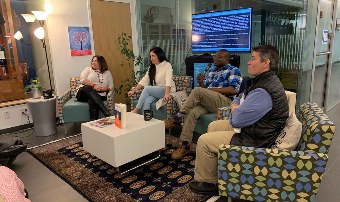 Left to right: Nathalie Vicencio '02, Eilianie Alvelo '13, and Shawn Robinson '05 take part in a "Chats With Champions" alumni panel discussion moderated by Prof. T. Ross, far right, chair of the HCC Sociology department before the pandemic in spring 2020