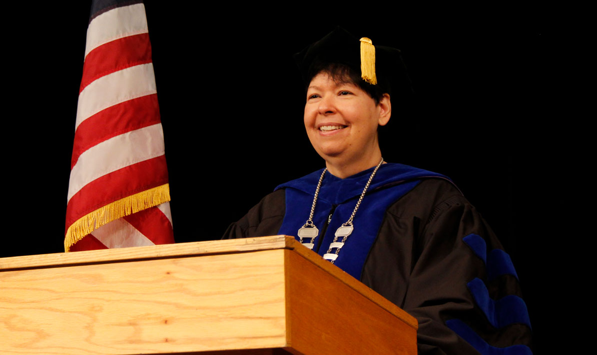 President Christina Royal delivers her remarks to the classes of 2020 and 2021 for Commencement. 