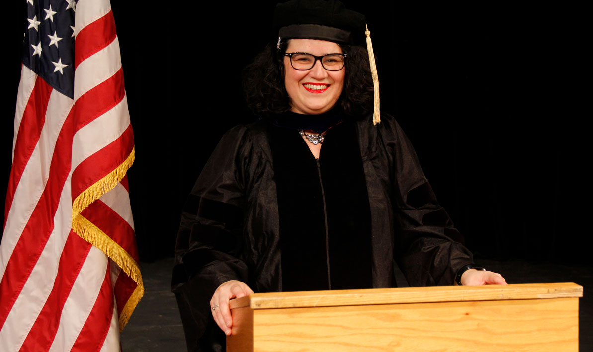 Vanessa Martinez gets ready to deliver her Commencement address to the classes of 2020 and 2021. 