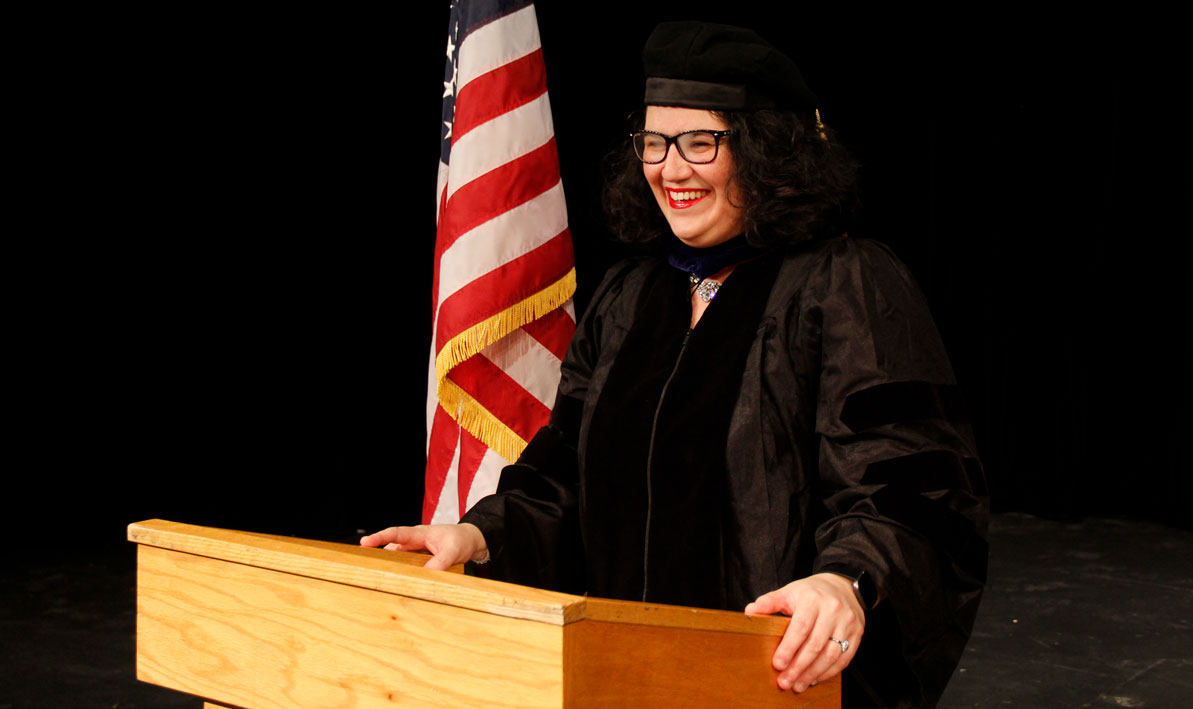 Vanessa Martinez gets ready to deliver her Commencement address to the classes of 2020 and 2021. 