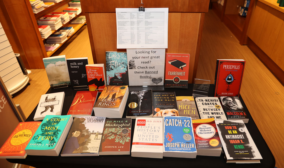Table of banned books at the HCC Bookstore