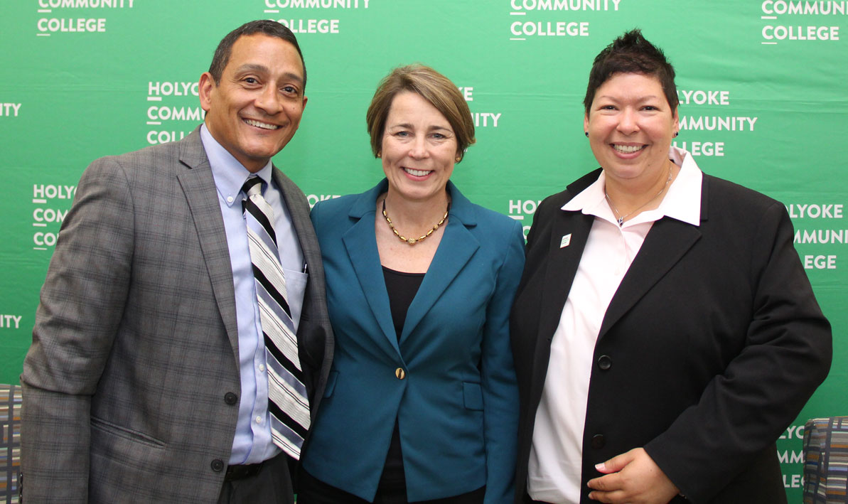 HCC professor Alex Sanchez, then state Attorney General Maura Healey, and President Christina Royal in May 2019