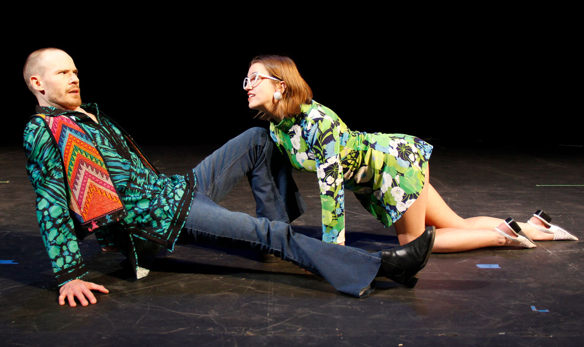 HCC student actors Pat Ryan (Lysander) and Grace Kelly (Helena) rehearse a scene from "A Midsummer Night's Dream."