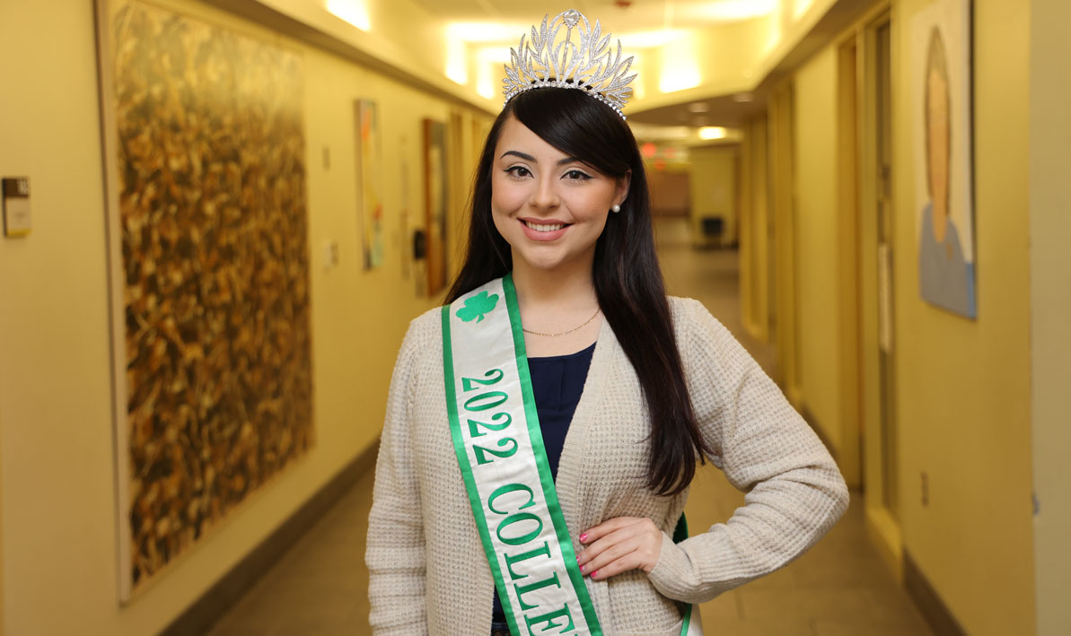 HCC student Ashley Terron dons her Colleen tiara and sash during a January visit to campu