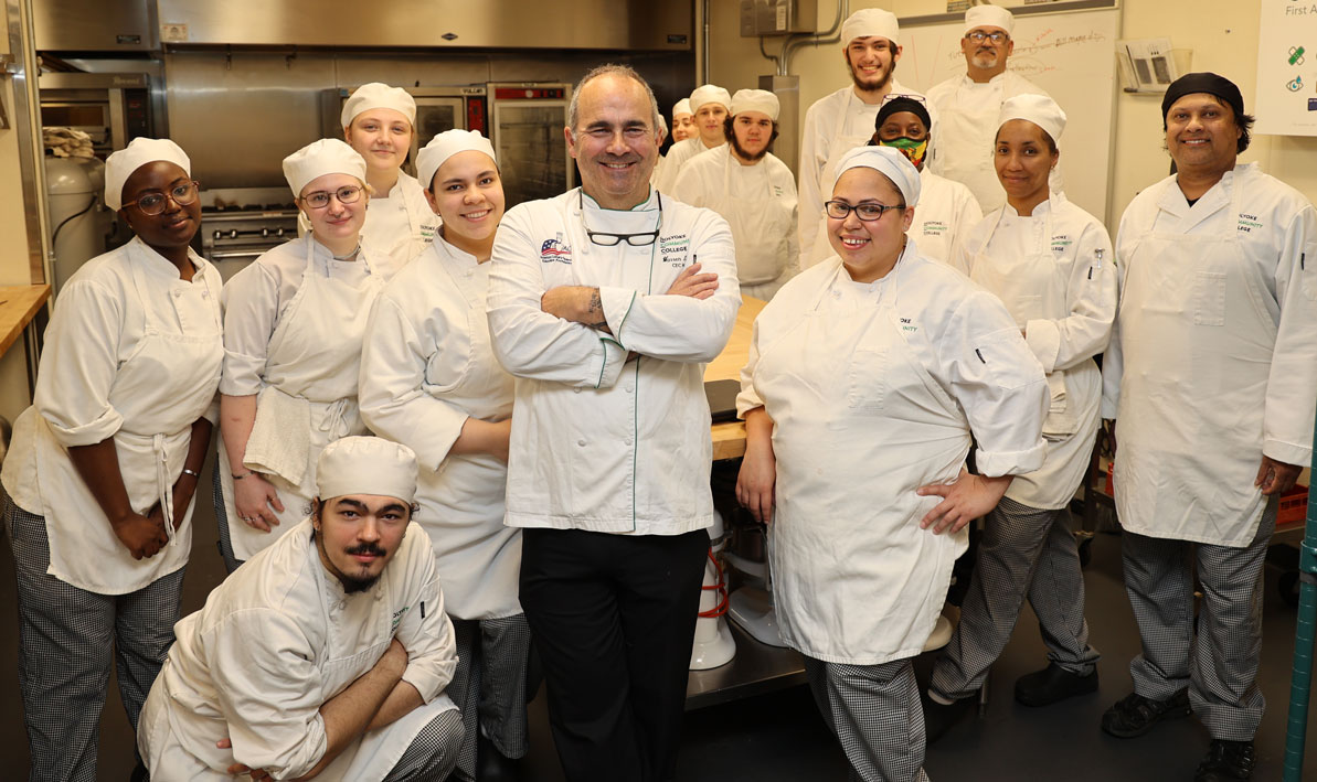 Chef Warren Leigh with students at the HCC MGM Culinary Arts Institute