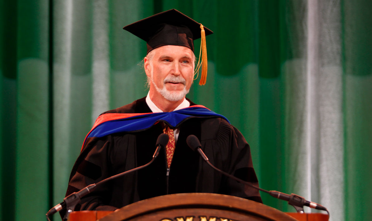 Biology Professor Joseph Bruseo delivers the faculty address at Commencement 2023. 