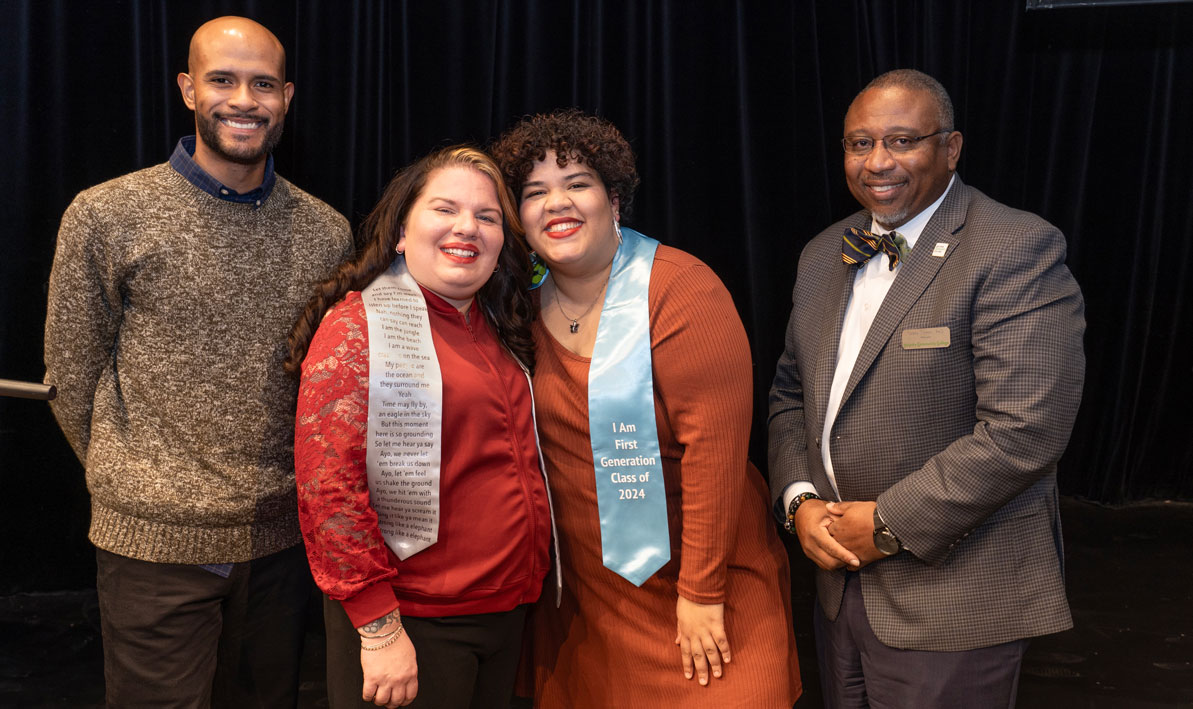 Student speakers Marcos Figueroa, left, Angela Tindell-Gula, Alannah Milgros Brunt, with President George Timmons, right, at HCC's first Fall Graduate Reception on Wed., Nov. 29.