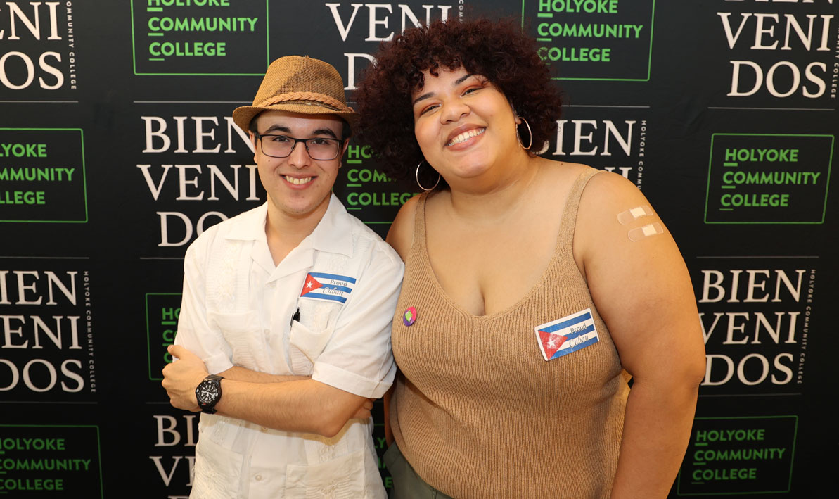 HCC students Barney Garcia, of Northampton, and Alannah Brunt, of Springfield, celebrate their Cuban heritage at HCC's 2022 Latinx Fiesta. 