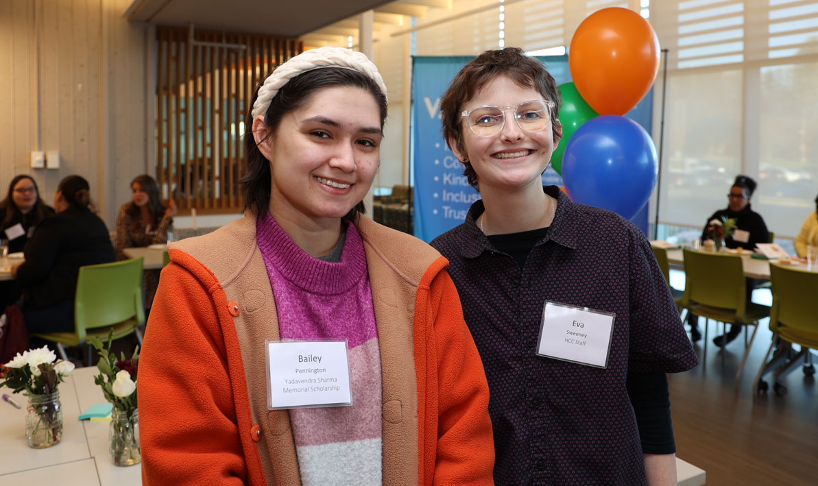 HCC scholarship recipients Bailey Pennington, an engineering major, and Eva Sweeney, a chemistry major, both from Longmeadow, celebrate their awards at the HCC Foundation Scholarship Reception in November 2022