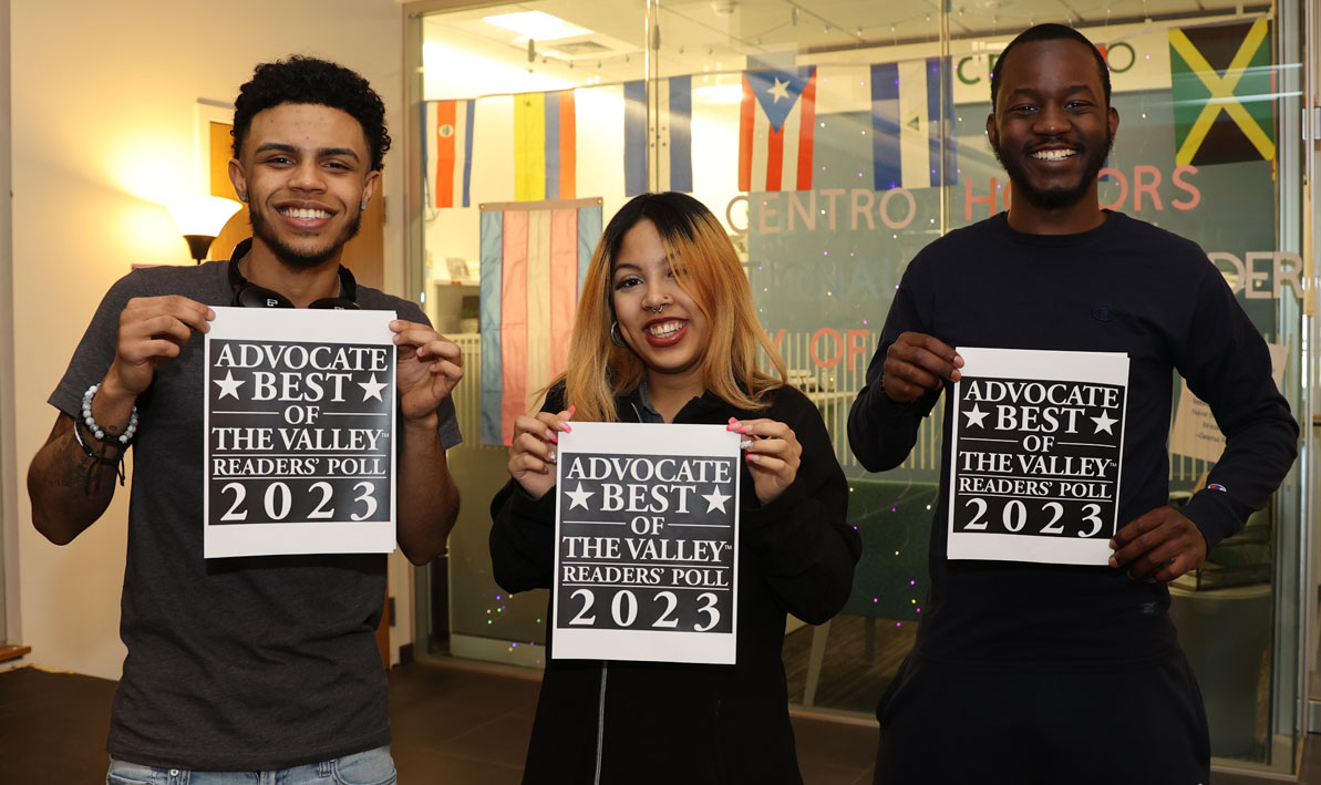Dylan Guzman, Diomary Guzman, and Malachai Darku show their HCC pride after the college was named Best in the Valley for 2023 in the Valley Advocate's annual readers poll