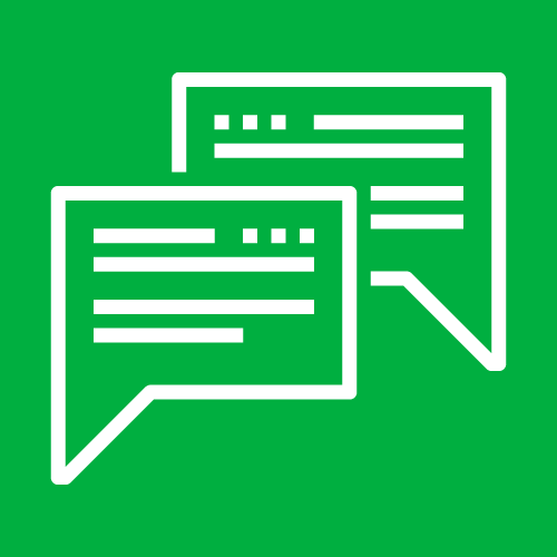Line drawing of intersecting speech bubbles in white on green background