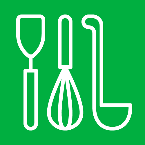 White line drawing of cooking implements on green background