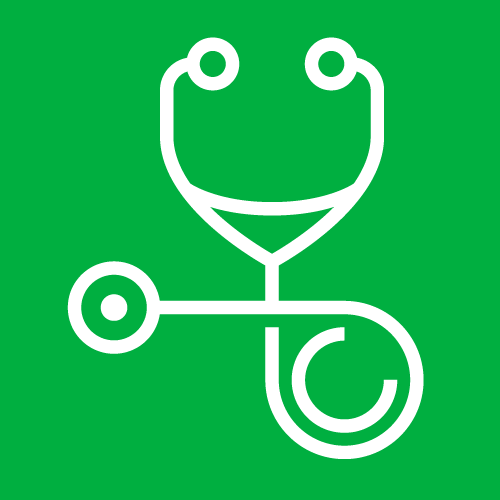 White line drawing of stethoscope on green background