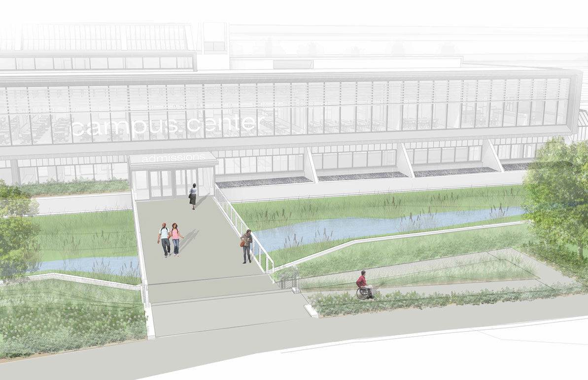 An architect's rendering of the eastside entrance to the Campus Center, where a new bridge leads from the parking lot, and over Tannery Brook. 