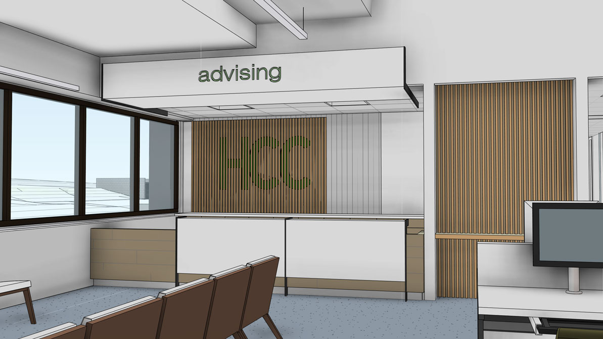 An architect's rendering of the new Advising, Career and Transfer Center.   