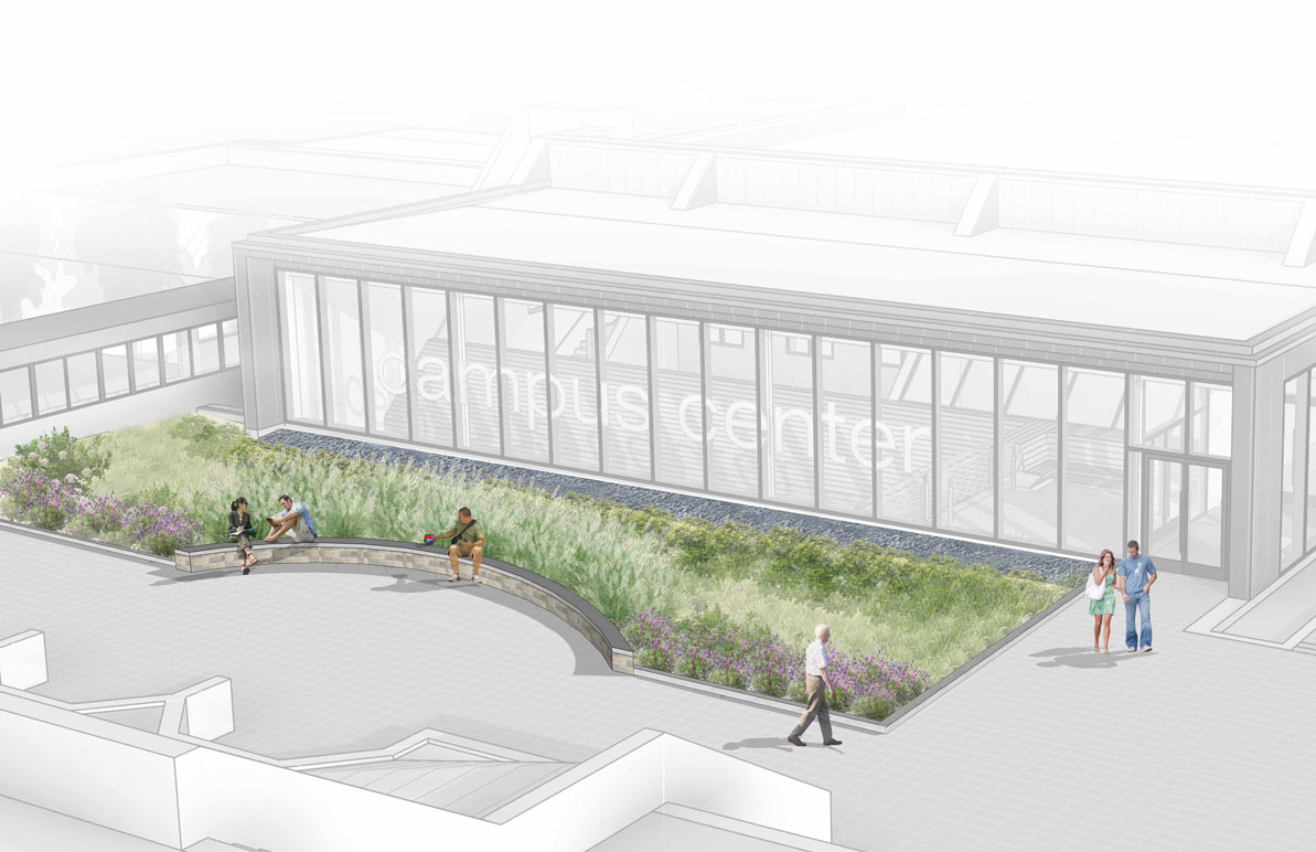 An architect's rendering of the west entrance to the Campus Center, where a new atrium will enclose the stairs leading from the courtyard down to the second floor cafeteria. 