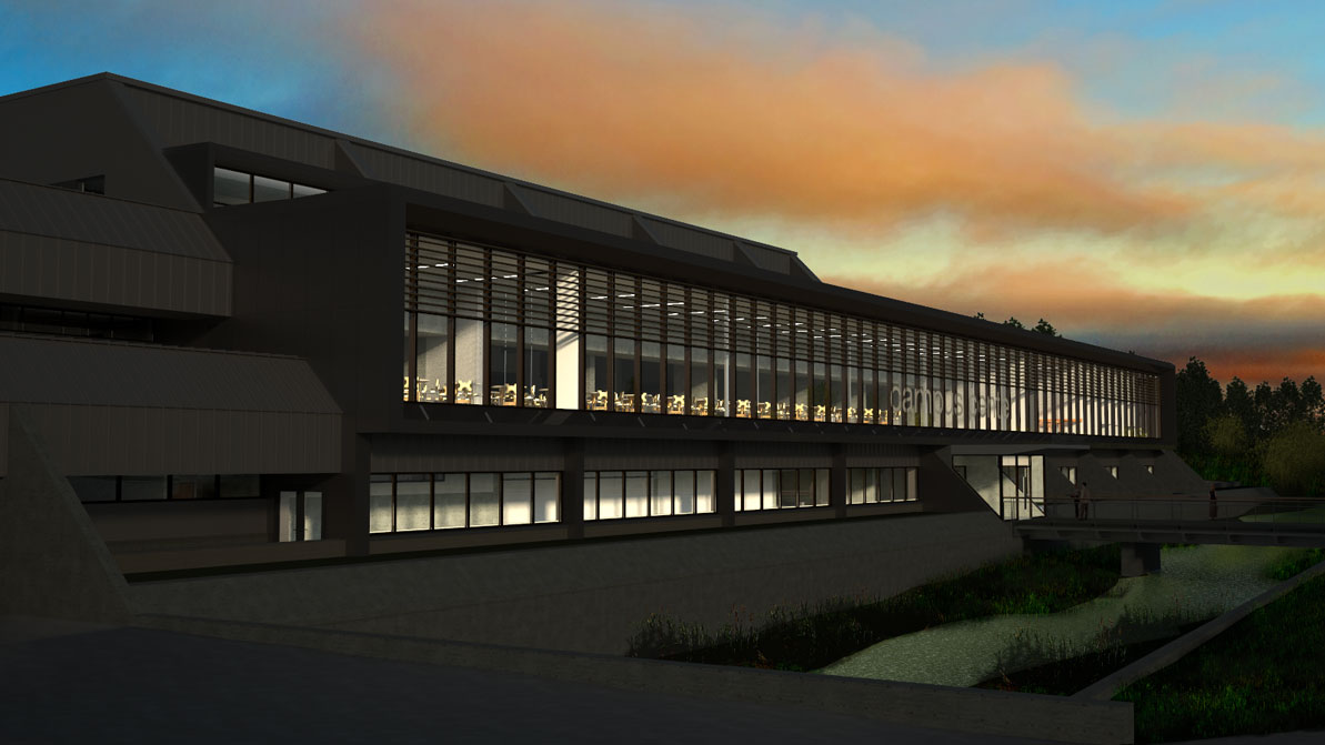 An architect's rendering of the renovated HCC Campus Center at dusk