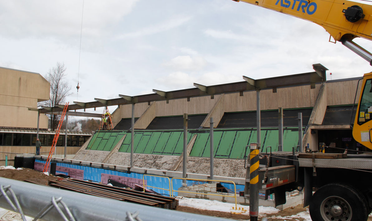 Workers have begun to frame the atrium entrance on the western side of the Campus Center off the lower courtyard. 