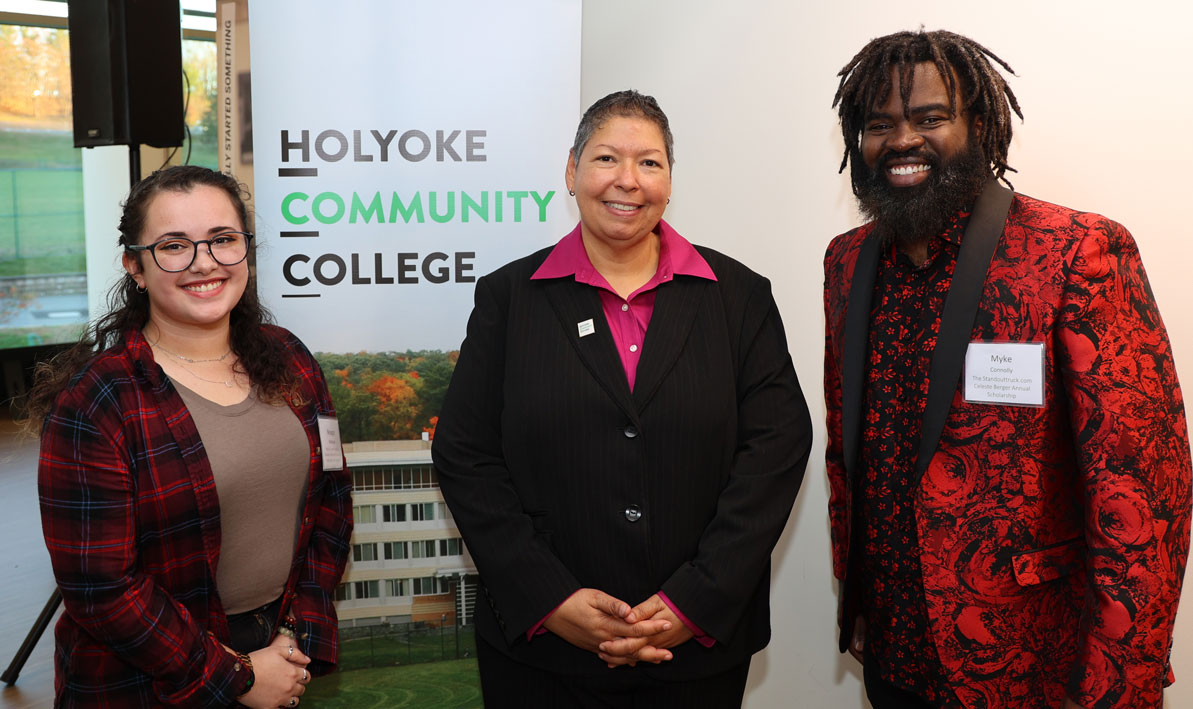 HCC student scholar Meagan Rodriguez, President Christina Royal, and alum Mychal Connolly '04 at the Nov. 9 HCC Foundation scholarship reception
