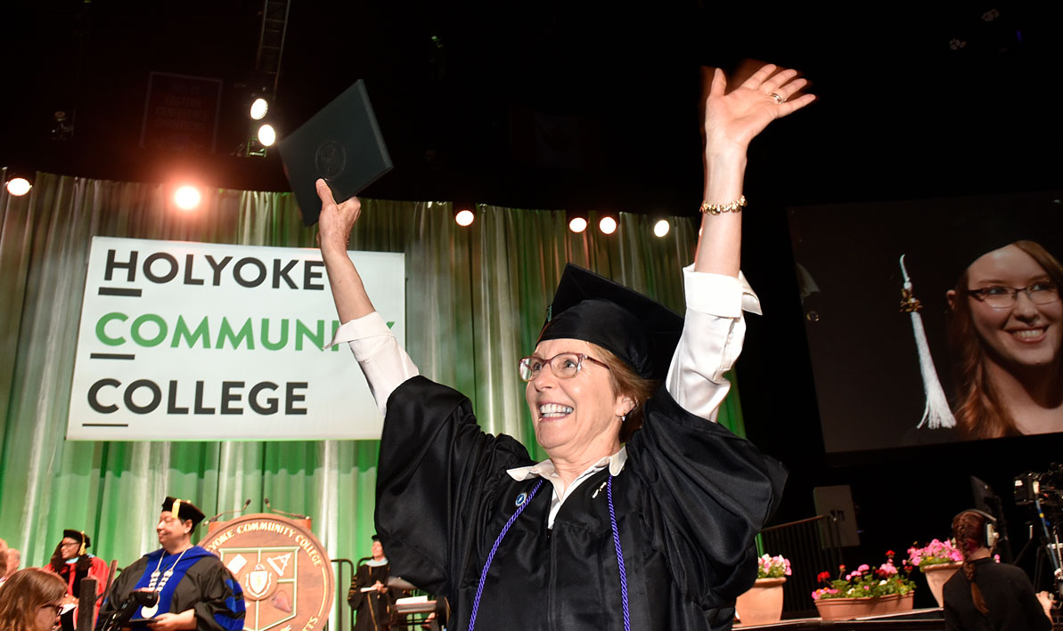 HCC student Eileen Gates of Blandford celebrates her graduation from HCC