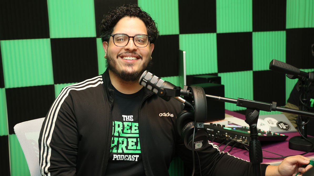 Alum Louis Burgos in the HCC podcast booth