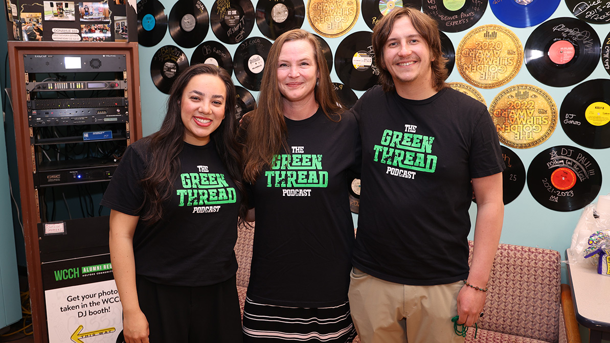 Sarah Gaer '98, center, with Green Thread co-hosts Natalia Castagno and Patrick Labelle.