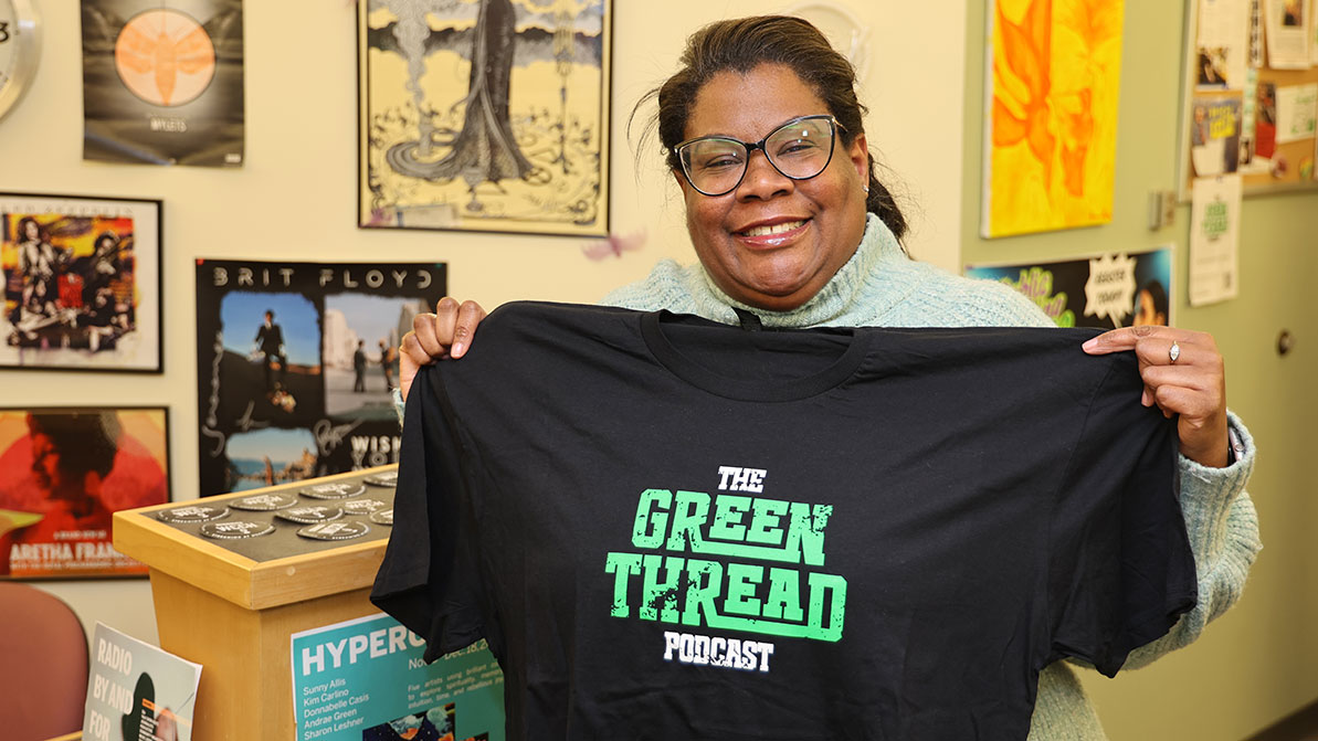 Alum Sarah Monson prepares for The Green Thread podcast. 